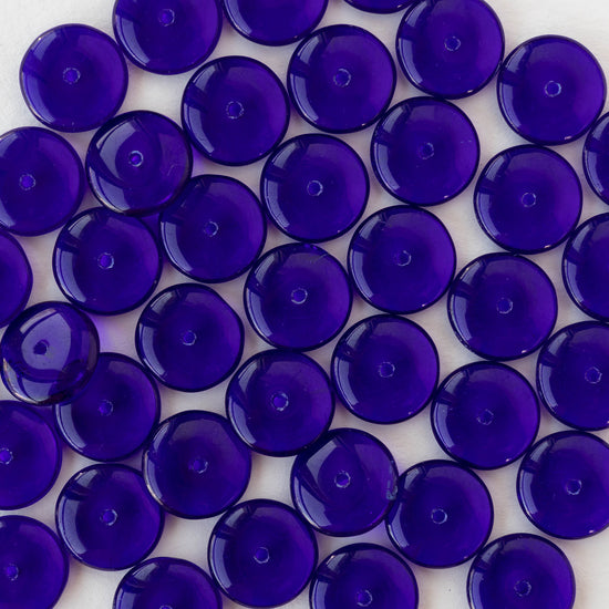 12mm Glass Rondelle Beads - Transparent Cobalt Blue - 30 or 90 beads