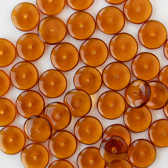 12mm Glass Rondelle Beads - Transparent Dark Amber - 30 or 90 beads