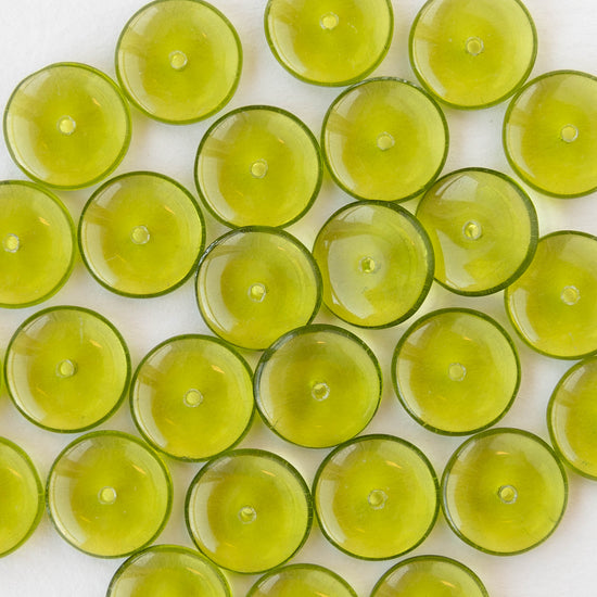 12mm Glass Rondelle Beads - Transparent Lime Green - 30 or 90 beads