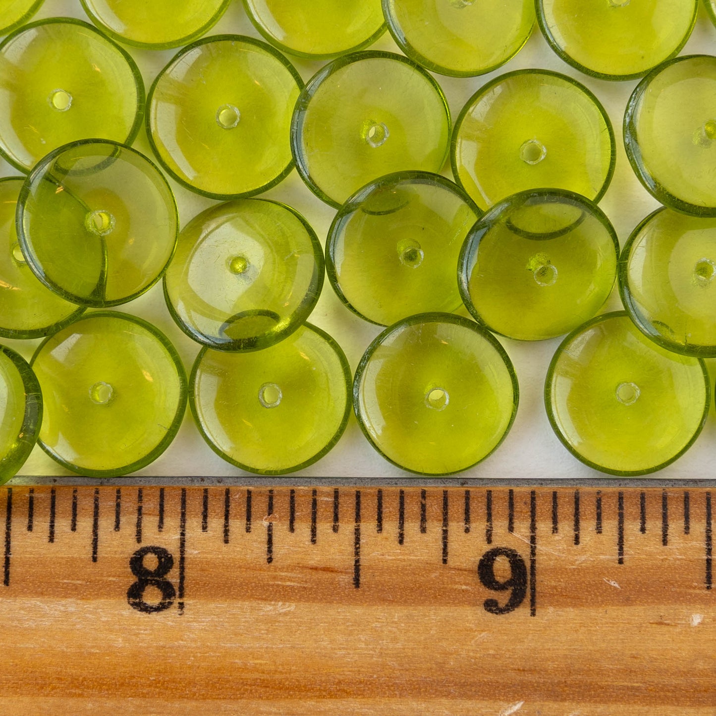 12mm Glass Rondelle Beads - Transparent Lime Green - 30 or 90 beads