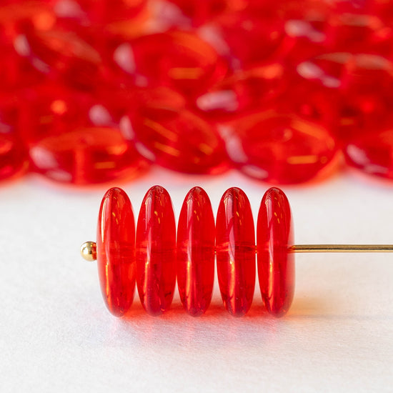 12mm Glass Rondelle Beads - Transparent Red - 30 or 90 beads