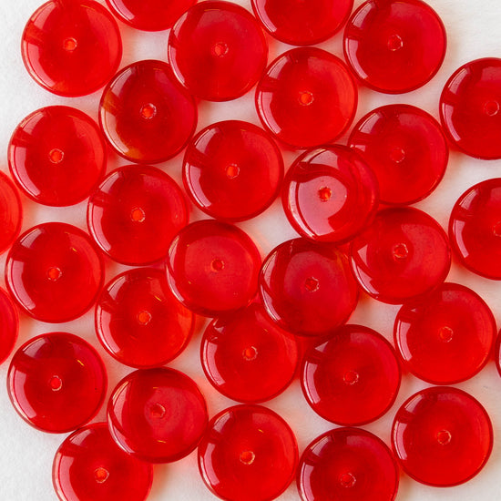 12mm Glass Rondelle Beads - Transparent Red - 30 or 90 beads