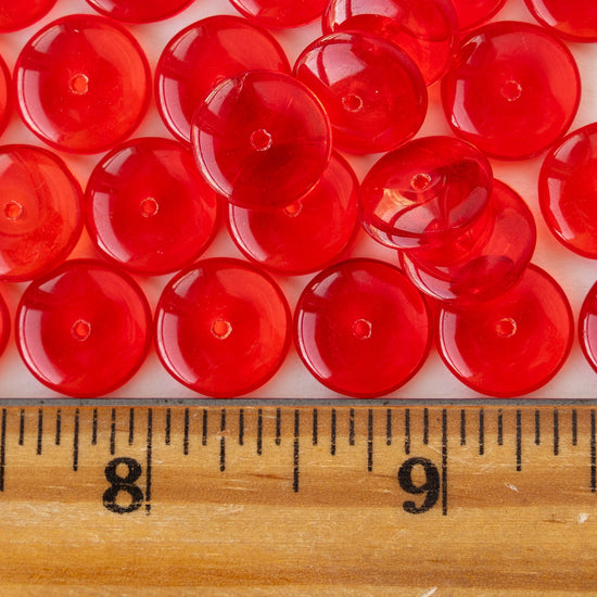 12mm Glass Rondelle Beads - Transparent Red - 30 or 90 beads