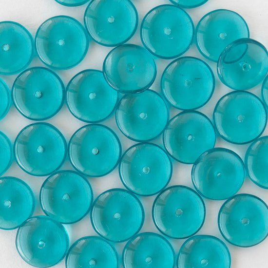 12mm Glass Rondelle Beads - Transparent Teal - 30 or 90 beads