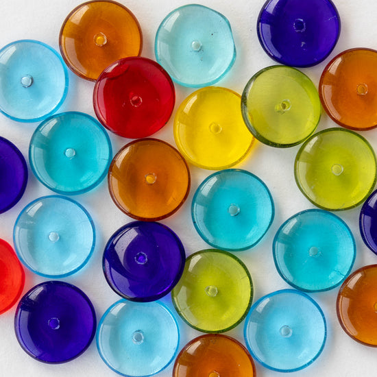 12mm Glass Rondelle Beads - Transparent Color Mix - 70 beads