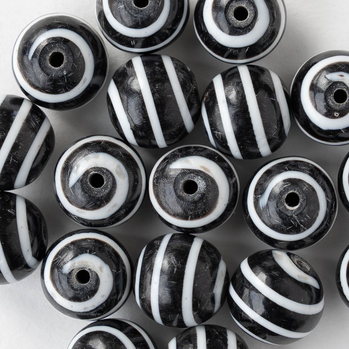 12mm Buffalo Horn Round Beads - Black and White Striped - 6 beads