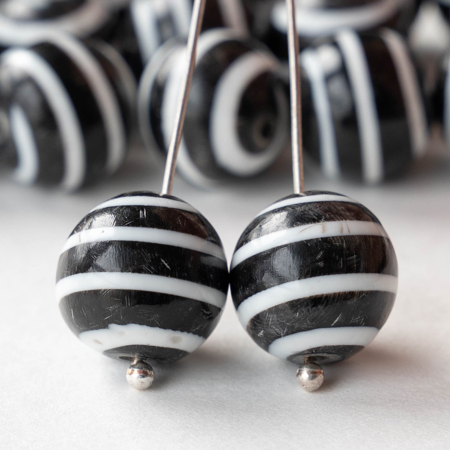 12mm Buffalo Horn Round Beads - Black and White Striped - 6 beads