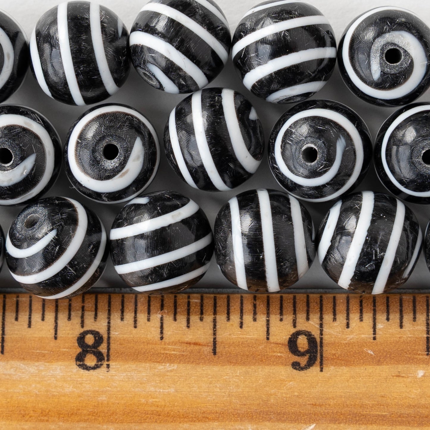 12mm Buffalo Horn Round Beads - Black and White Striped - 6 beads