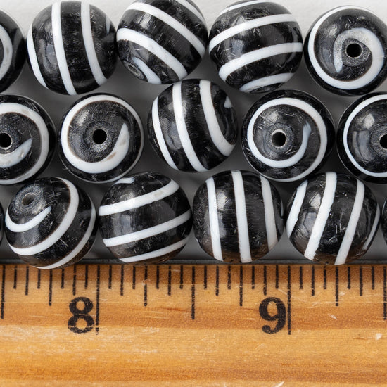 12mm Buffalo Horn Round Beads - Black and White Striped - 6 beads