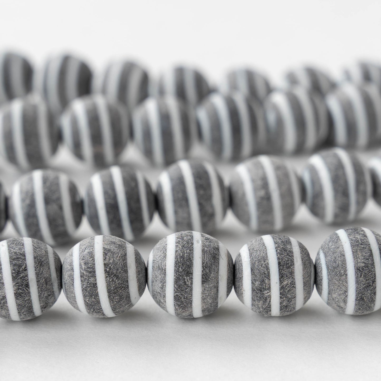 12mm Buffalo Horn Round Beads - Matte Black and White Striped - 6 beads