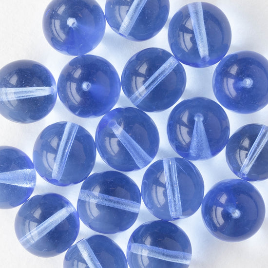12mm Round Glass Beads - Transparent Sapphire Blue - 12 beads