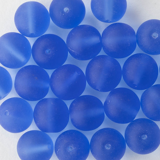 12mm Frosted Glass Round Beads - Sapphire - 12 Beads