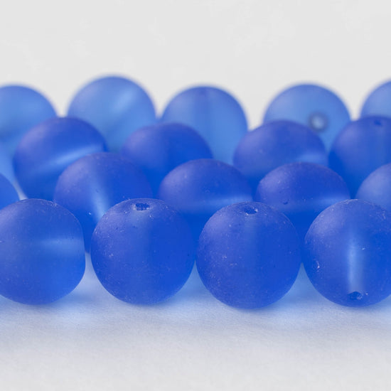 12mm Frosted Glass Round Beads - Sapphire - 12 Beads