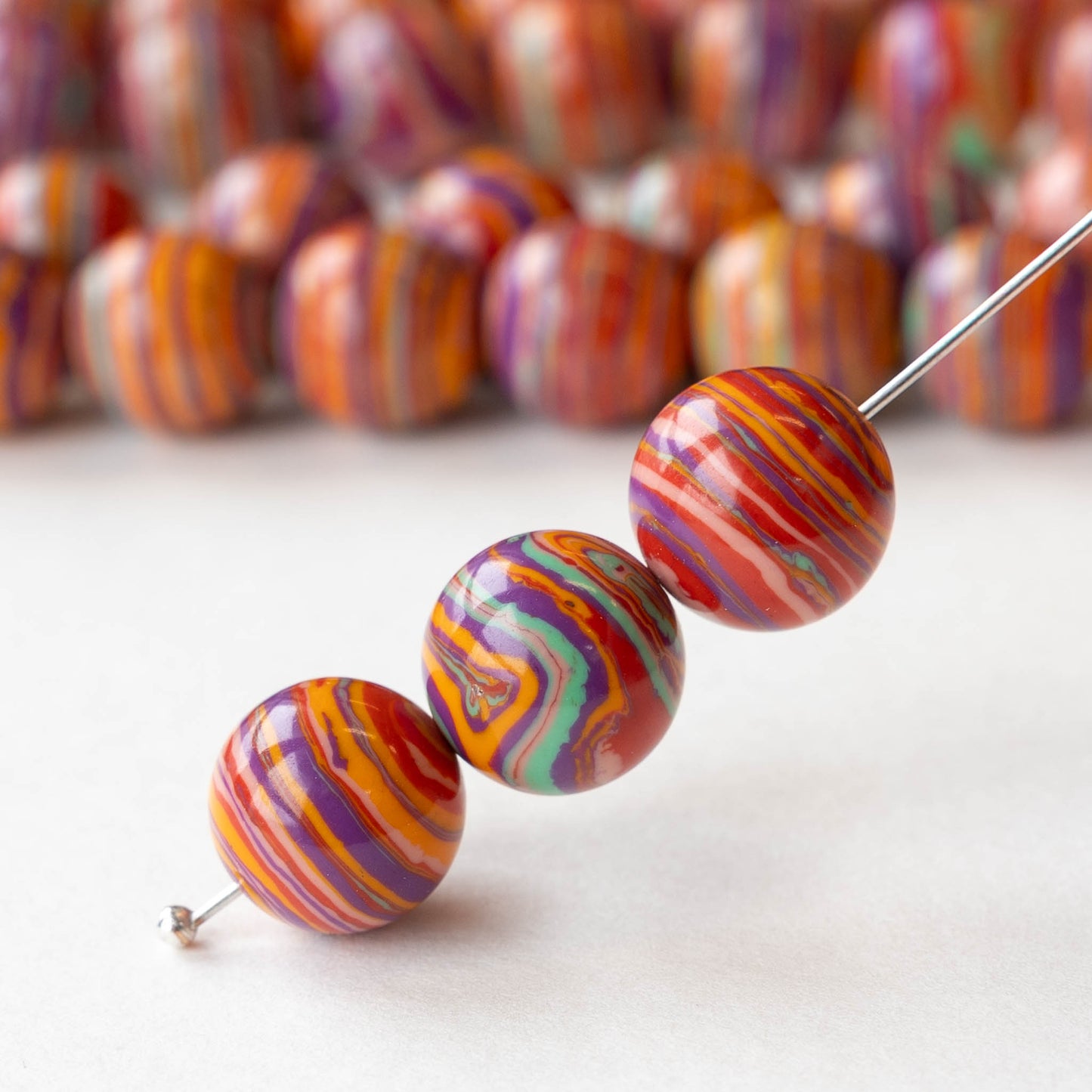 12mm Round Synthetic Malachite Beads - Colorful Stripe Mix - Whole or Half Strand