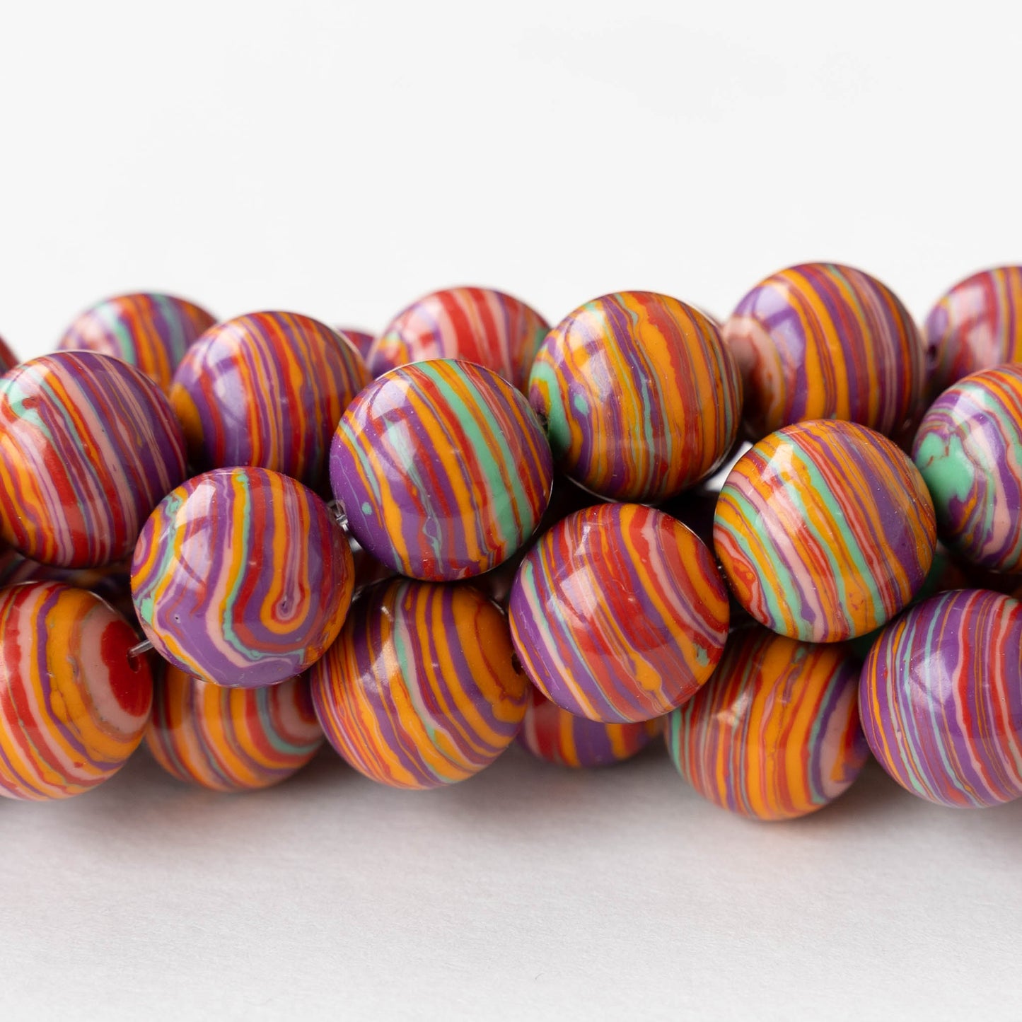 12mm Round Synthetic Malachite Beads - Colorful Stripe Mix - Whole or Half Strand