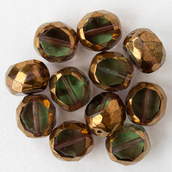 10mm Chunky Faceted Glass Coin - Peridot with Bronze - 6 beads