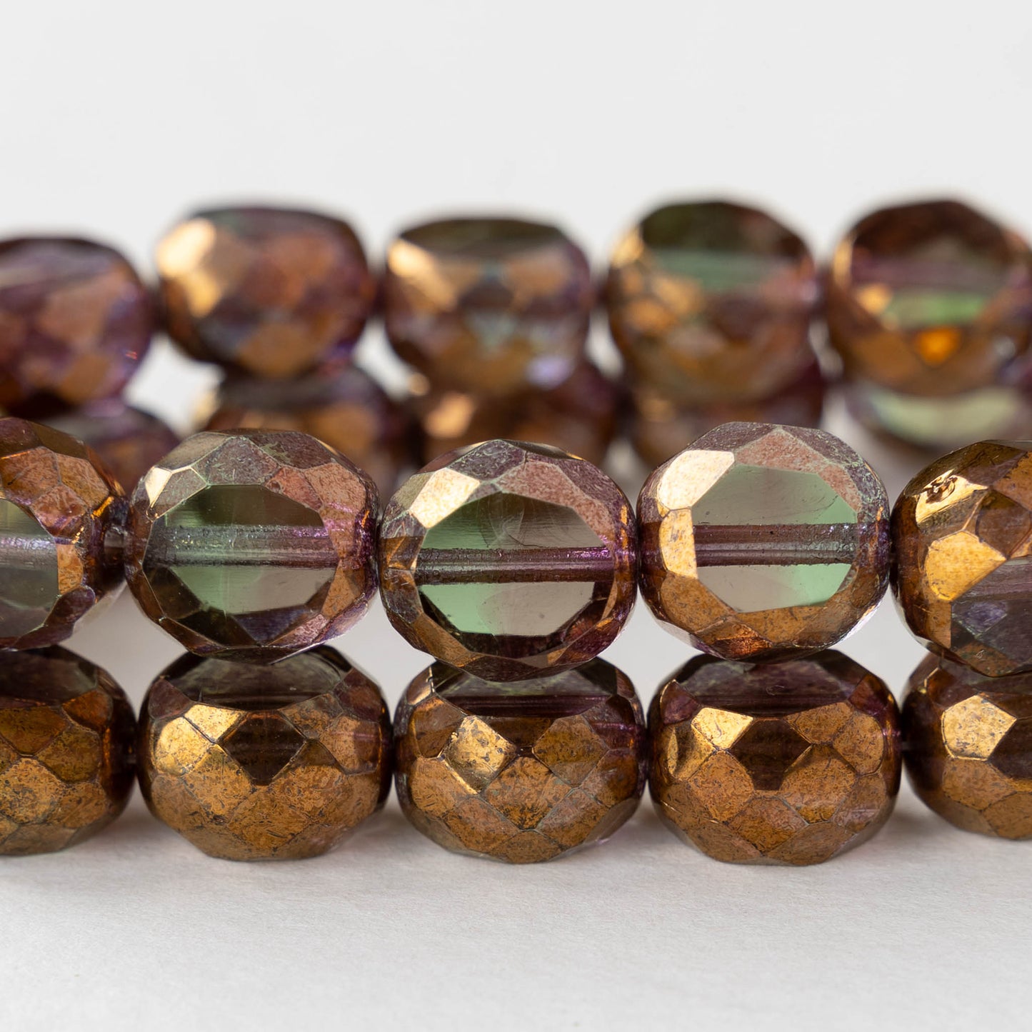 10mm Chunky Faceted Glass Coin - Peridot with Bronze - 6 beads