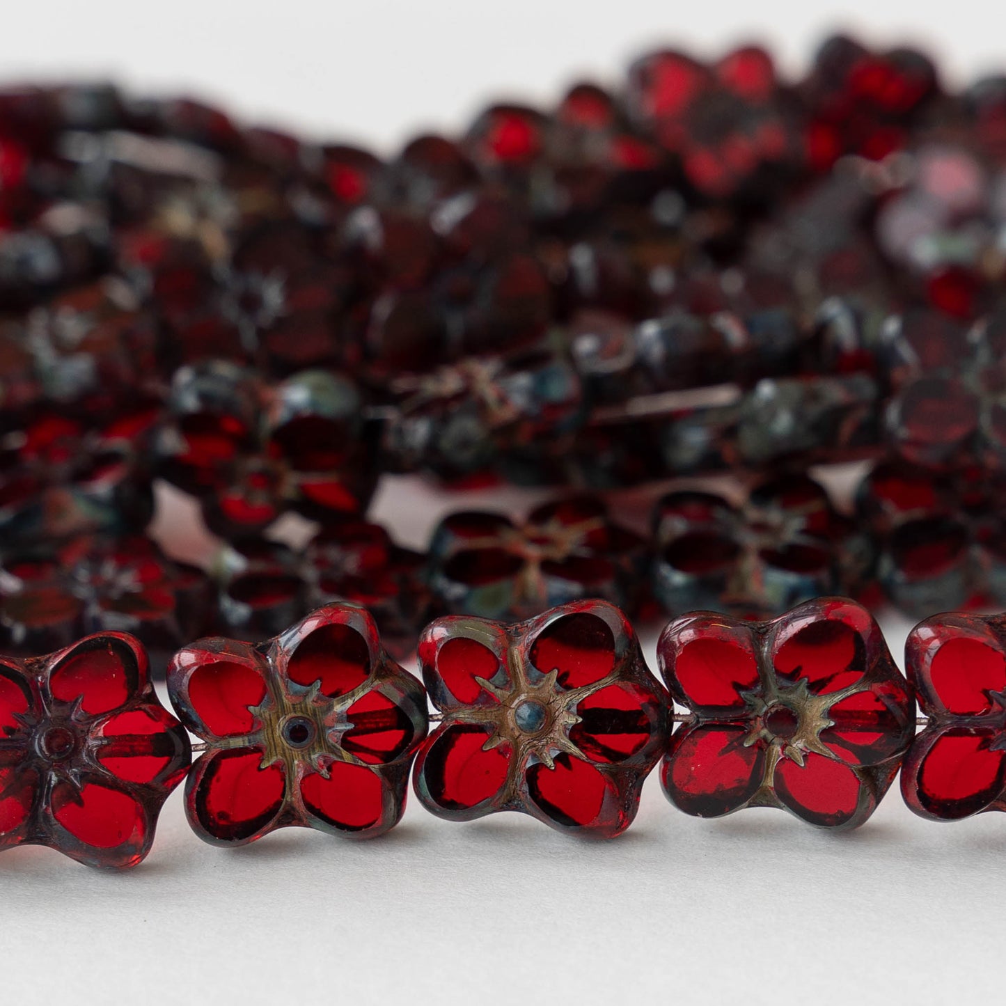 12x14mm Flower Beads - Ruby Red with Picasso Wash - 10 Beads
