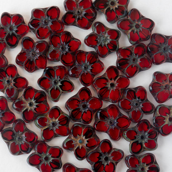 Load image into Gallery viewer, 12x14mm Flower Beads - Ruby Red with Picasso Wash - 10 Beads
