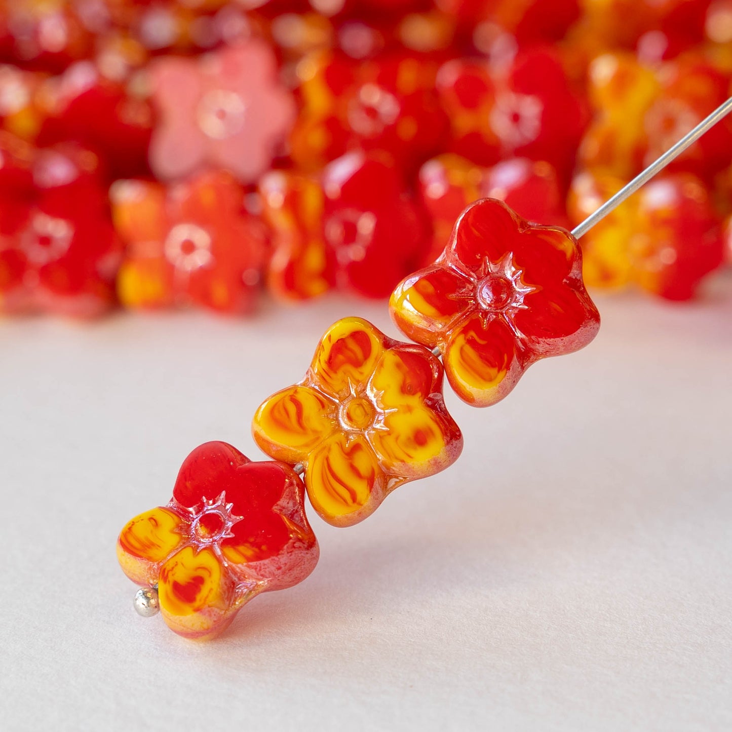 12x14mm Flower Beads - Red Yellow Mix - 10 Beads