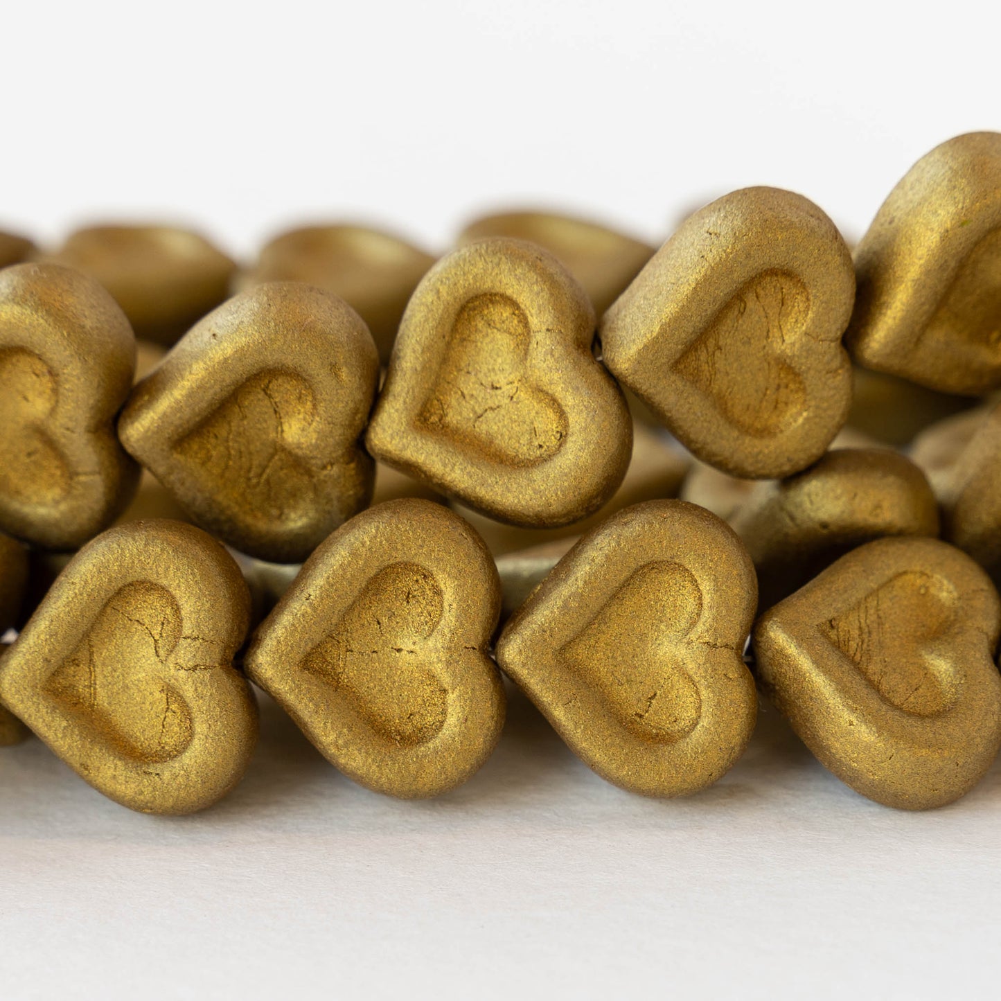 14mm Glass Heart Beads - Opaque Matte Gold - 10 hearts