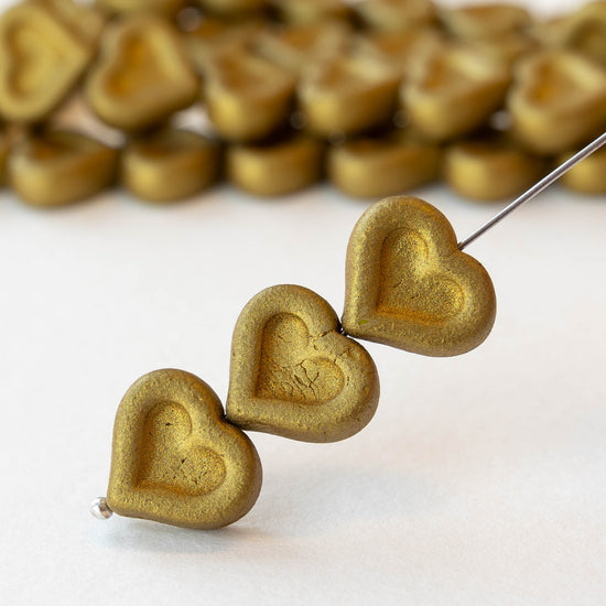 14mm Glass Heart Beads - Opaque Matte Gold - 10 hearts