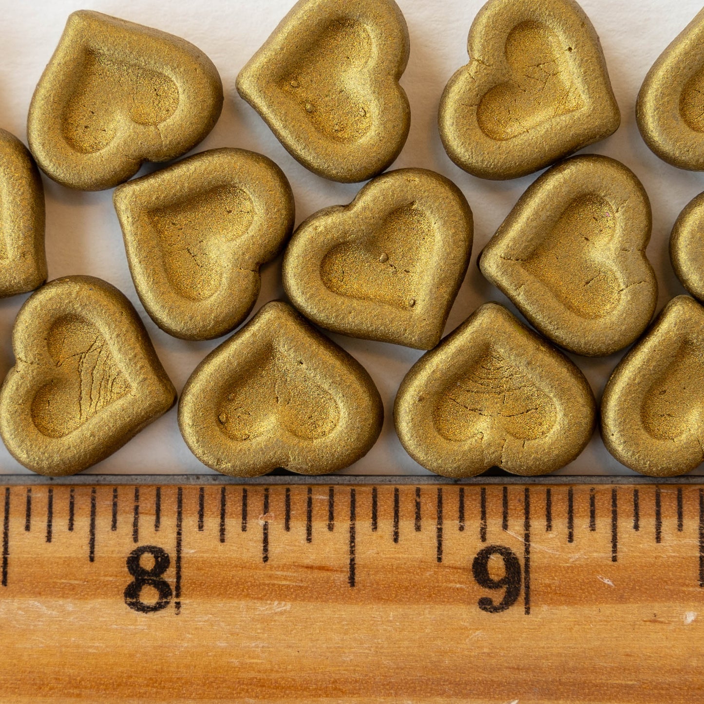 14mm Glass Heart Beads - Opaque Matte Gold - 10 hearts