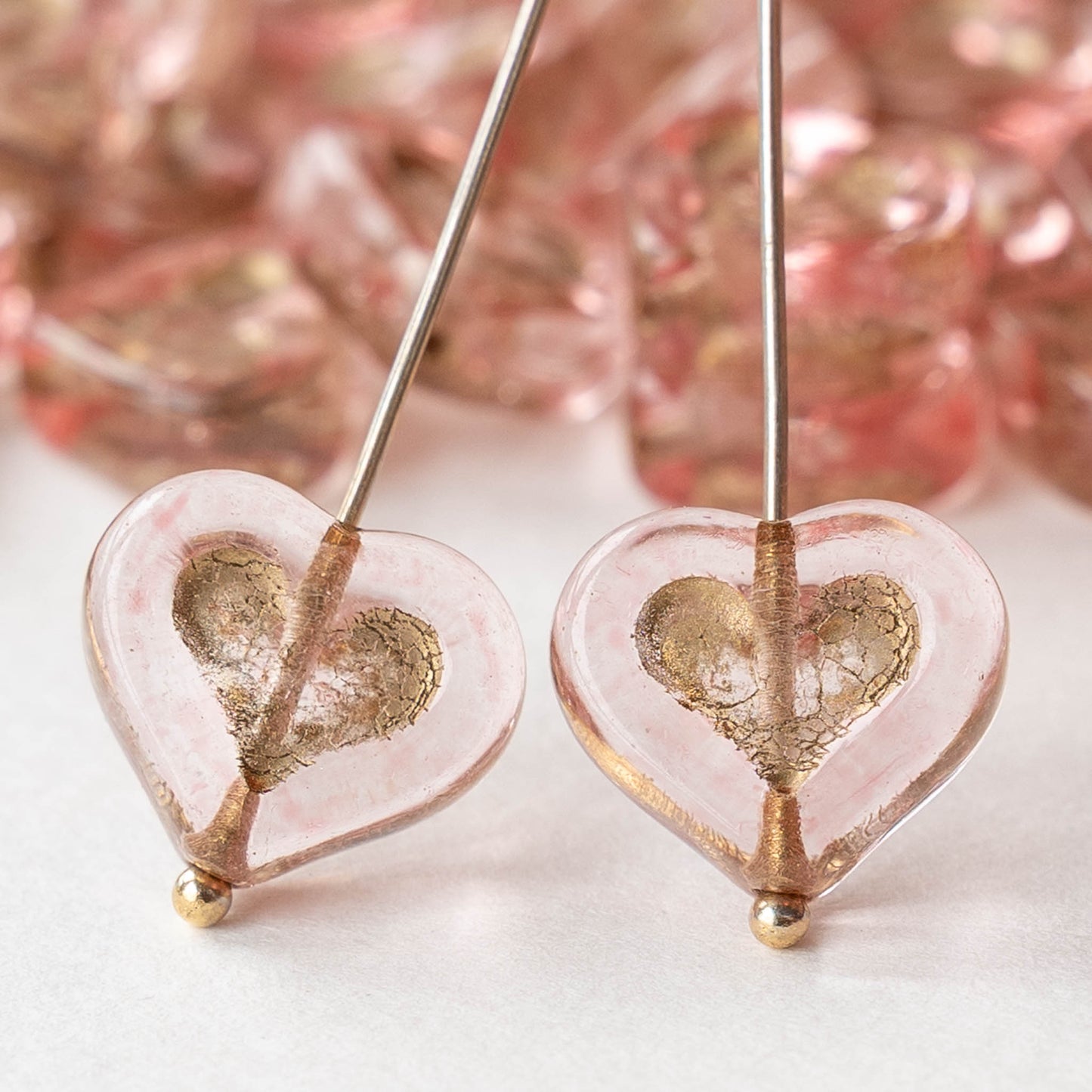 14mm Glass Heart Beads - Light Pink with Gold Wash - 10 hearts