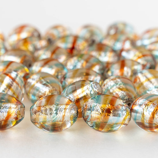 12x15mm Lampwork Oval Beads - Crystal with Blue and Orange Stripes - 2 Beads