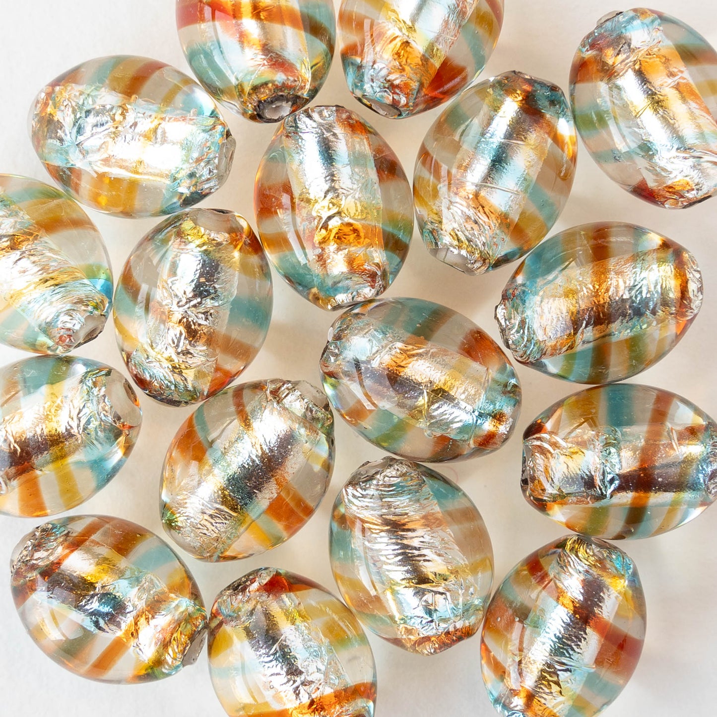 12x15mm Lampwork Oval Beads - Crystal with Blue and Orange Stripes - 2 Beads