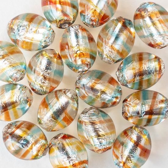 12x15mm Lampwork Oval Beads - Crystal with Blue and Orange Stripes - 2 Beads