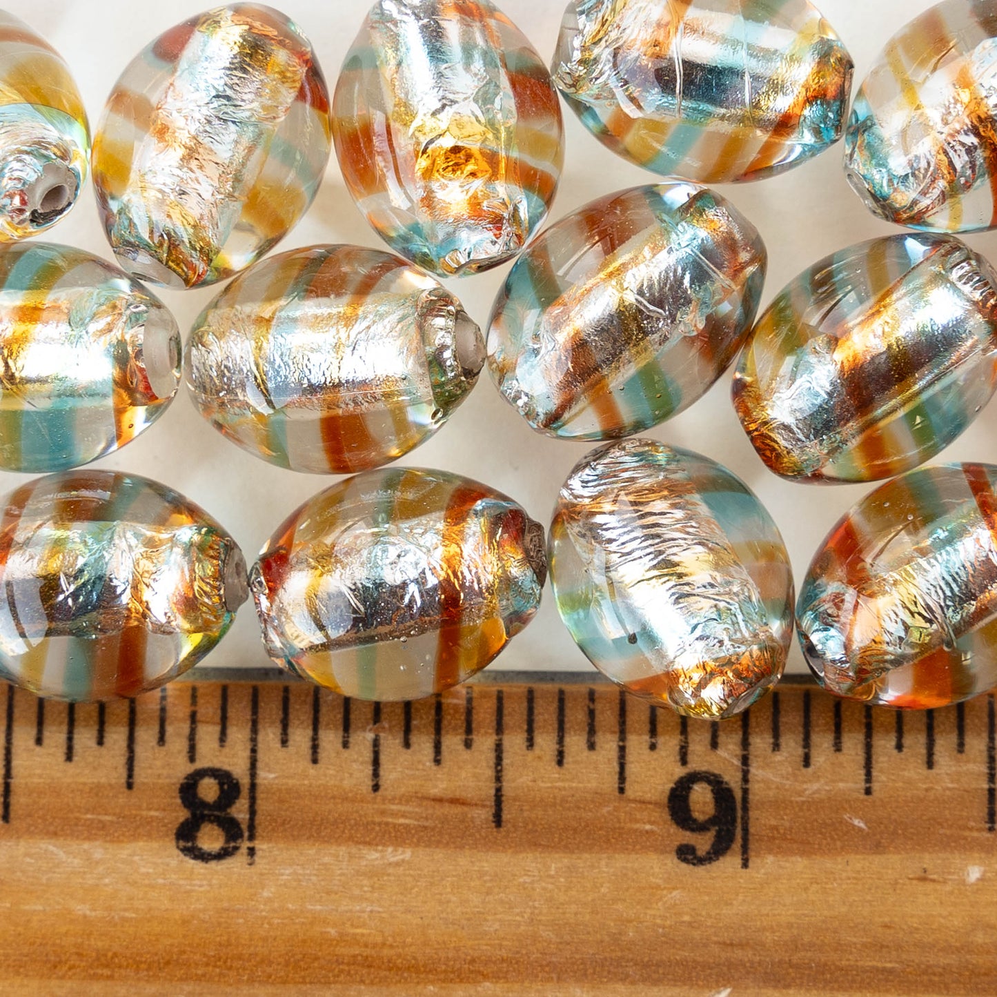 12x15mm Lampwork Oval Beads - Crystal with Blue and Orange Stripes - 2 Beads