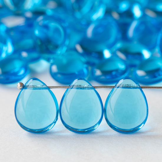 12x16mm Flat Glass Teardrop Beads - Aqua - 20 Beads