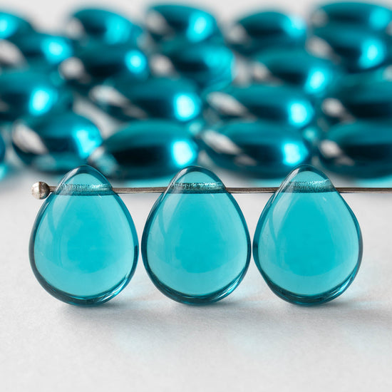 12x16mm Flat Glass Teardrop Beads - Teal - 10 or 20 Beads