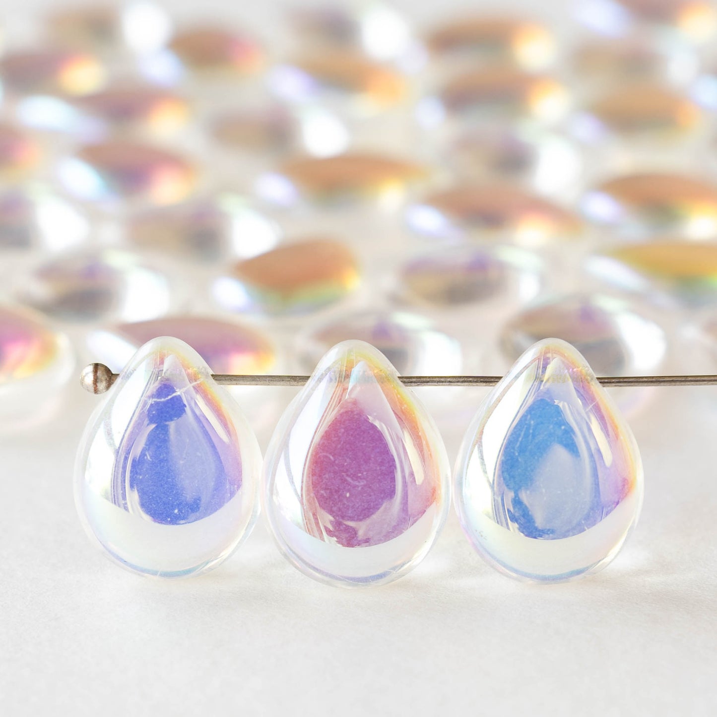 12x16mm Flat Glass Teardrop Beads - Crystal AB - 10 or 20 beads