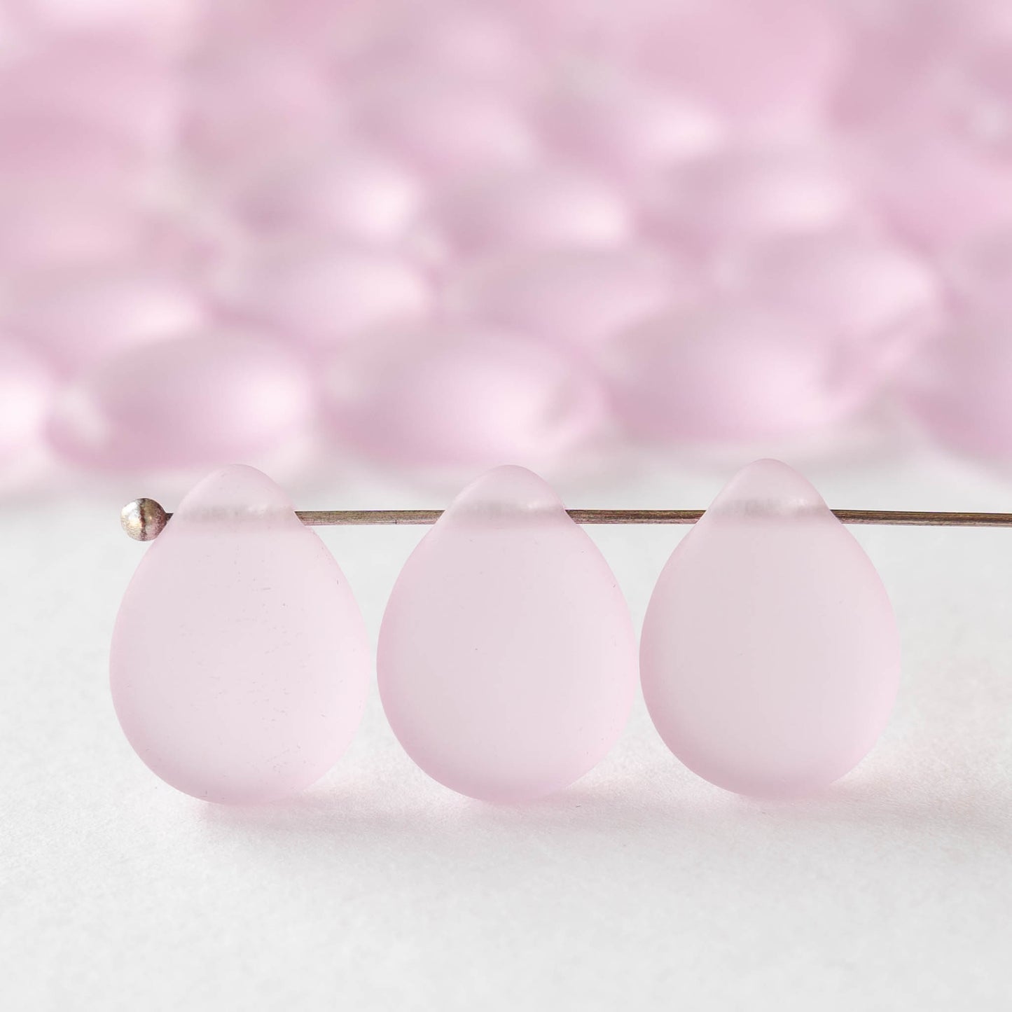 12x16mm Flat Glass Teardrop Beads - Matte Light Pink - 10 or 20 beads