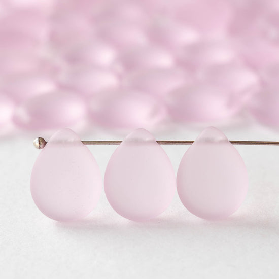 12x16mm Flat Glass Teardrop Beads - Matte Light Pink - 10 or 20 beads