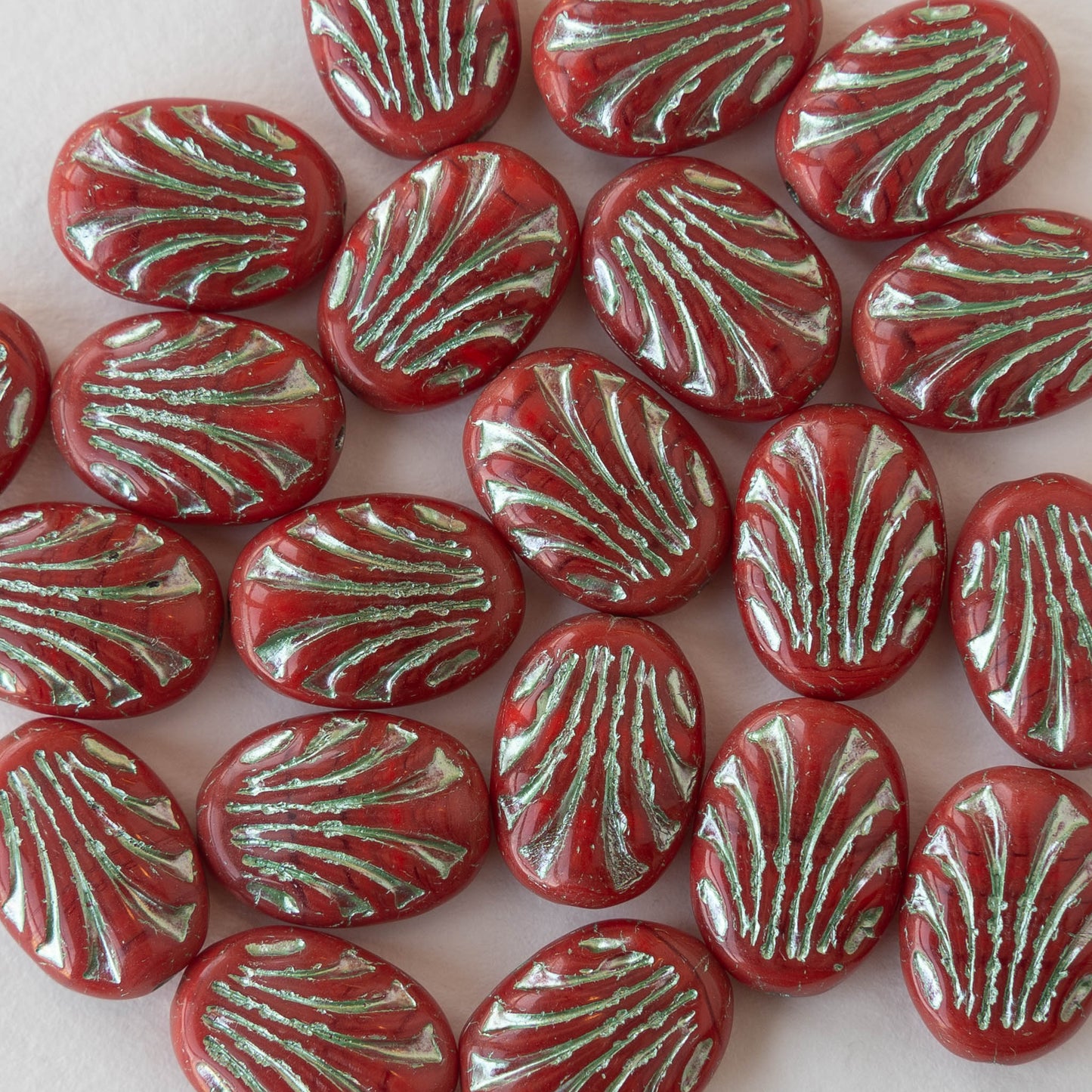 Oval Fan Art Deco Bead - Red with a Metallic Green Wash- 10 beads