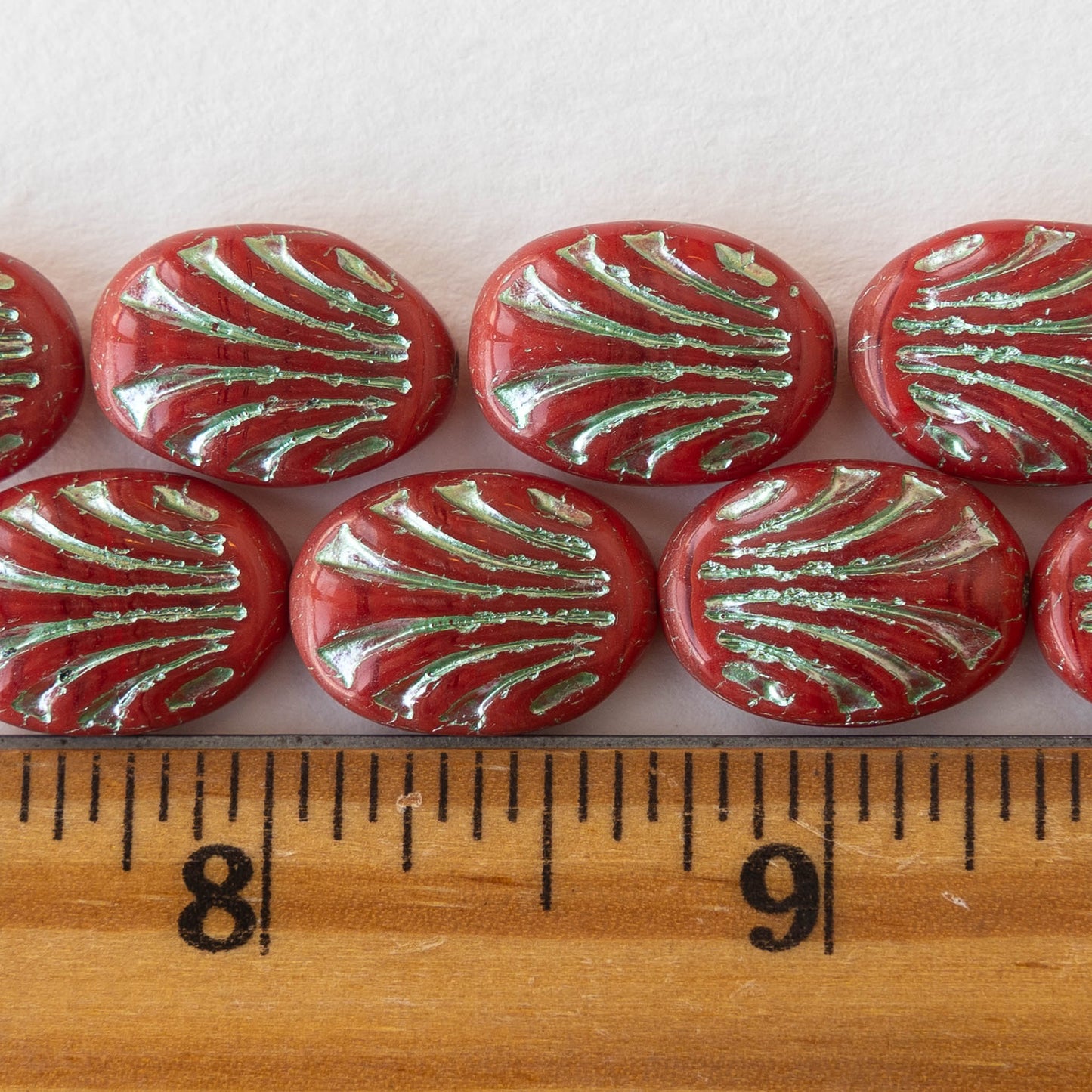 Oval Fan Art Deco Bead - Red with a Metallic Green Wash- 10 beads