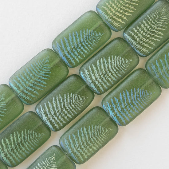 19mm Rectangle Beads -  Green Fern Leaf - 4 Beads