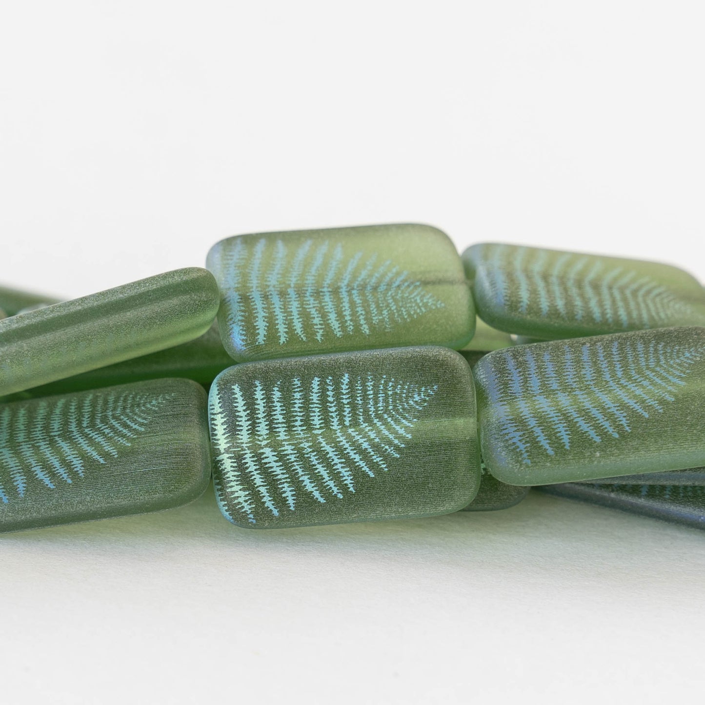 19mm Rectangle Beads -  Green Fern Leaf - 4 Beads