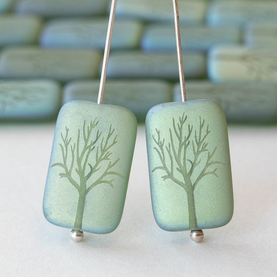 18mm Rectangle Tree Beads -  Green Matte AB - 4 Beads