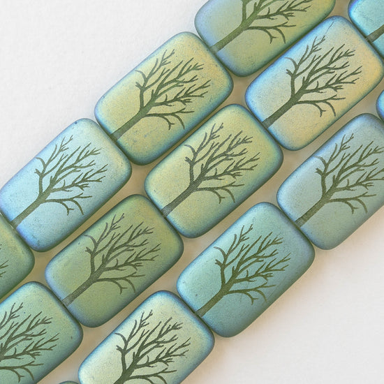 18mm Rectangle Tree Beads -  Green Matte AB - 4 Beads