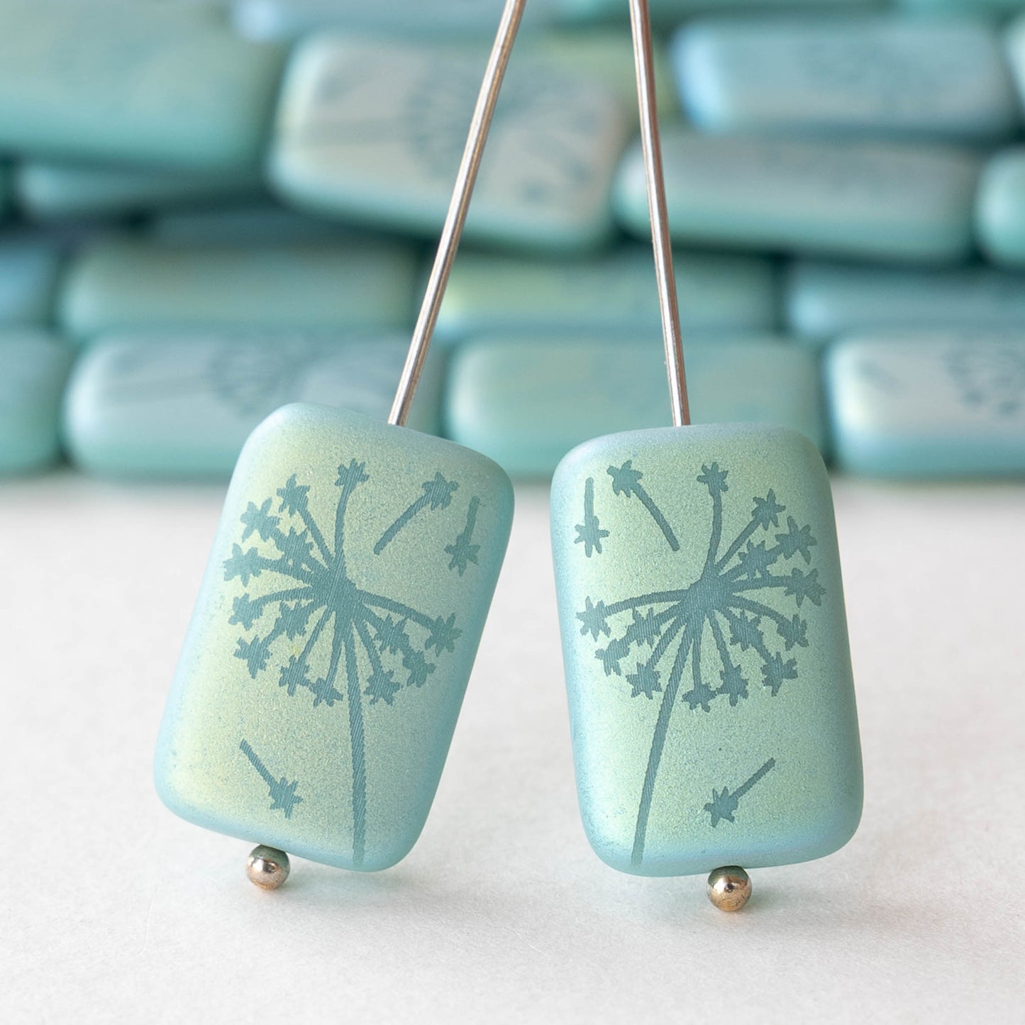 19mm Laser Etched Rectangle Beads - Matte Seafoam AB with Dandelion - 6 Beads