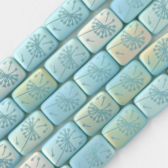 19mm Laser Etched Rectangle Beads - Matte Seafoam AB with Dandelion - 6 Beads