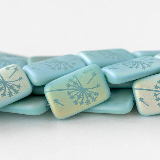 19mm Laser Etched Rectangle Beads - Matte Seafoam AB with Dandelion - 6 Beads
