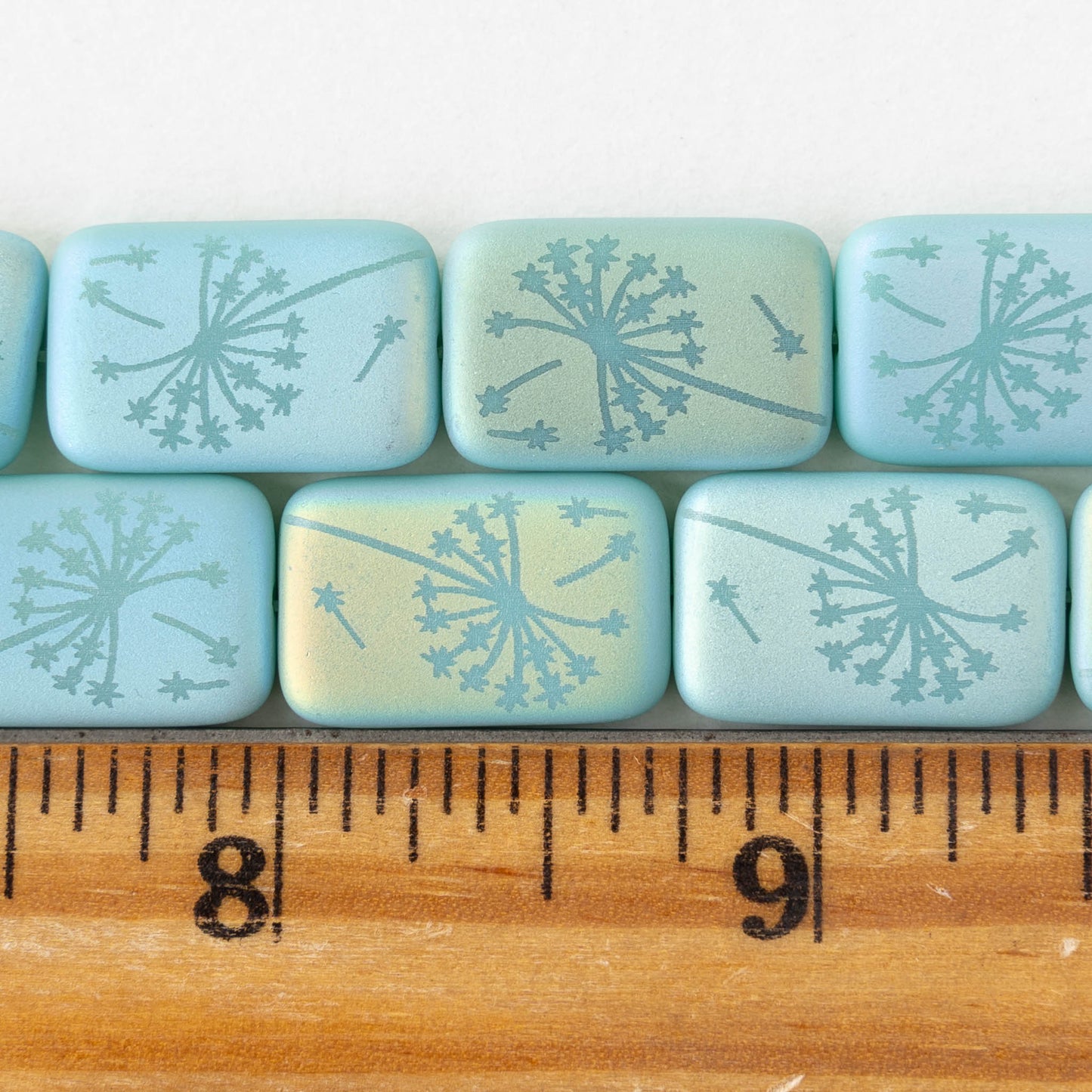 19mm Laser Etched Rectangle Beads - Matte Seafoam AB with Dandelion - 6 Beads