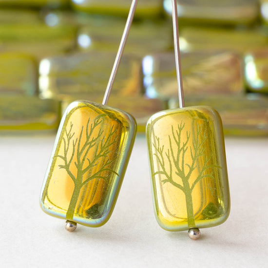 19mm Laser Etched Rectangle Beads - Green AB with Tree - 6 Beads