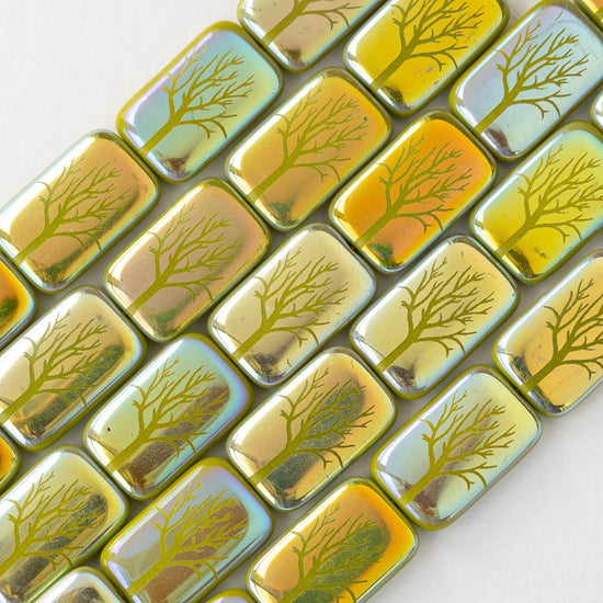 19mm Laser Etched Rectangle Beads - Green AB with Tree - 6 Beads