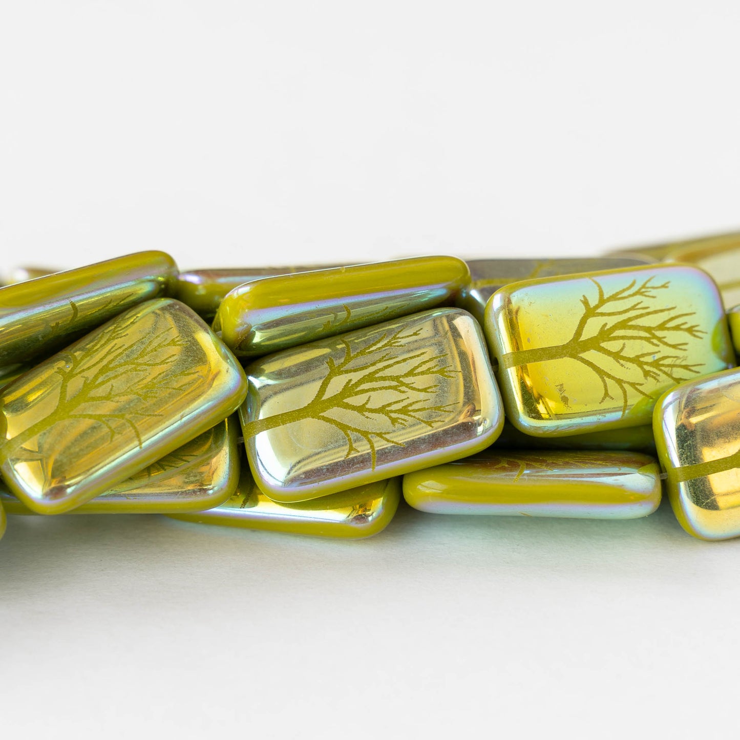 19mm Laser Etched Rectangle Beads - Green AB with Tree - 6 Beads